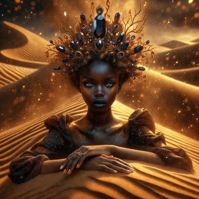The primary subject of the image is a woman with a crown on her head, sitting on a sandy surface. The setting is a desert-like environment, with sand and a sky visible in the background. The visual style is a digital art or illustration, creating a surreal and artistic atmosphere. The colors are predominantly earth tones, such as brown and beige, which contribute to the desert-like mood.